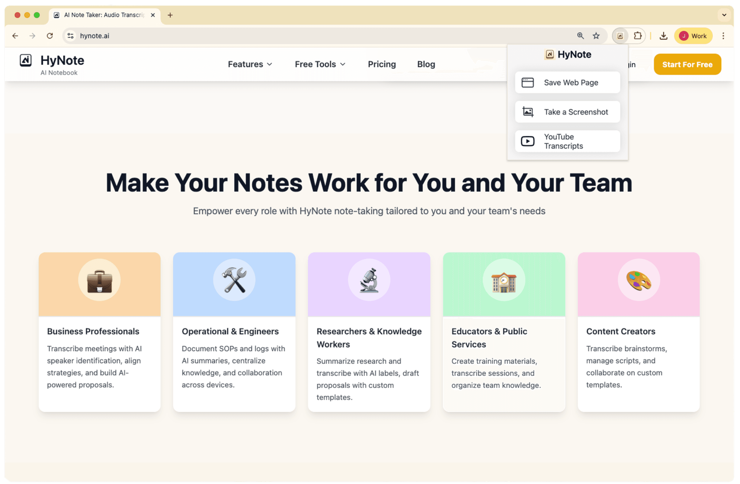 HyNote Chrome Extension Interface - Web Content Summarization and Note-Taking