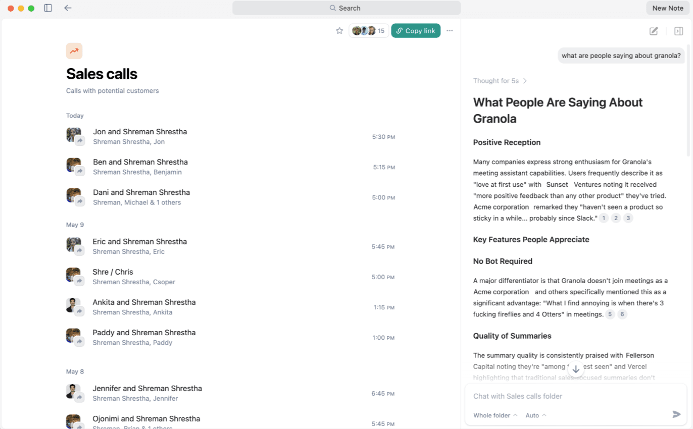 The user interface of Granola